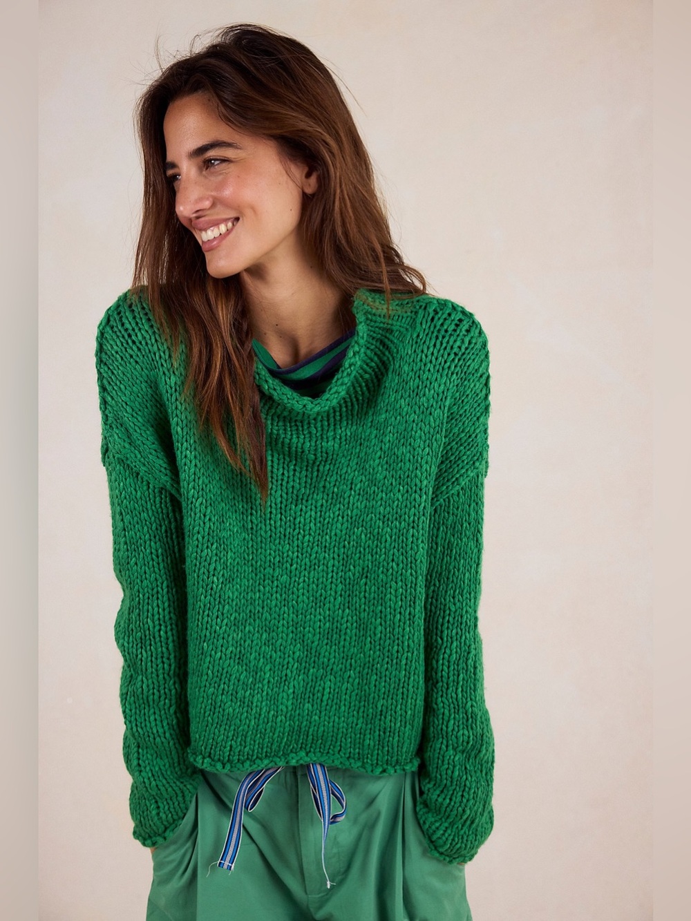 Free People Opal Rollneck Knit Jumper in Green Ivy Relaxed Boxy Fit Chunky